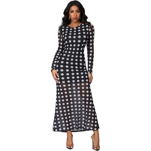 Women's Mesh Sleeve Maxi Dress Elegant Dots - Picture 1 of 5